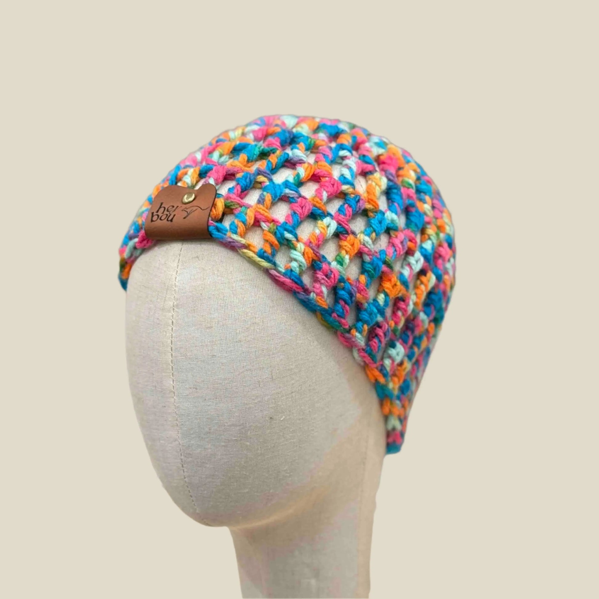 Bulky Multi Pink Blues Greens Orange Treble Crochet Child Beanie 42-55cm H 19cm HeyBou - Made by Lisa