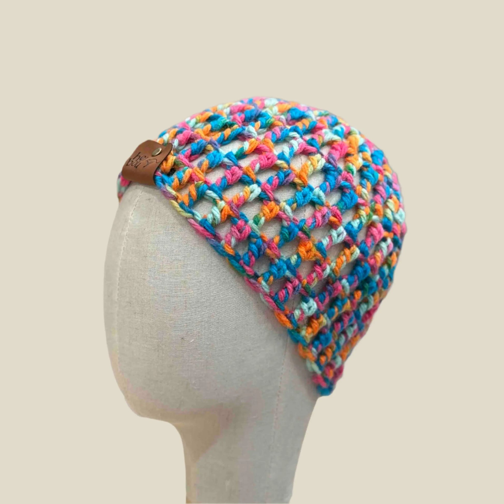 Bulky Multi Pink Blues Greens Orange Treble Crochet Child Beanie 42-55cm H 19cm HeyBou - Made by Lisa