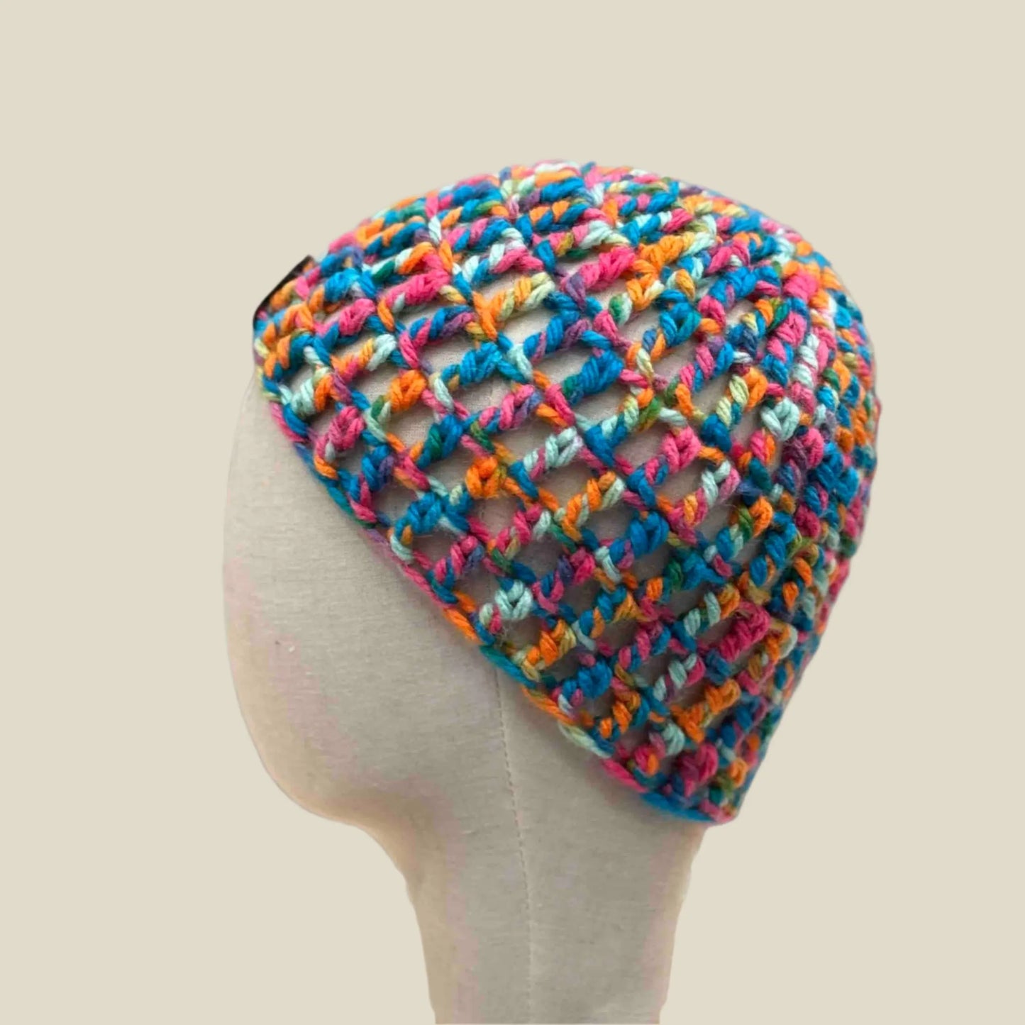 Bulky Multi Pink Blues Greens Orange Treble Crochet Child Beanie 42-55cm H 19cm HeyBou - Made by Lisa