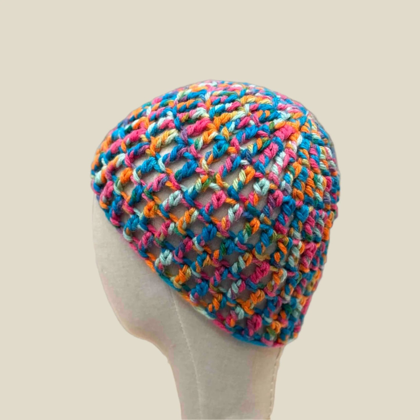 Bulky Multi Pink Blues Greens Orange Treble Crochet Child Beanie 42-55cm H 19cm HeyBou - Made by Lisa