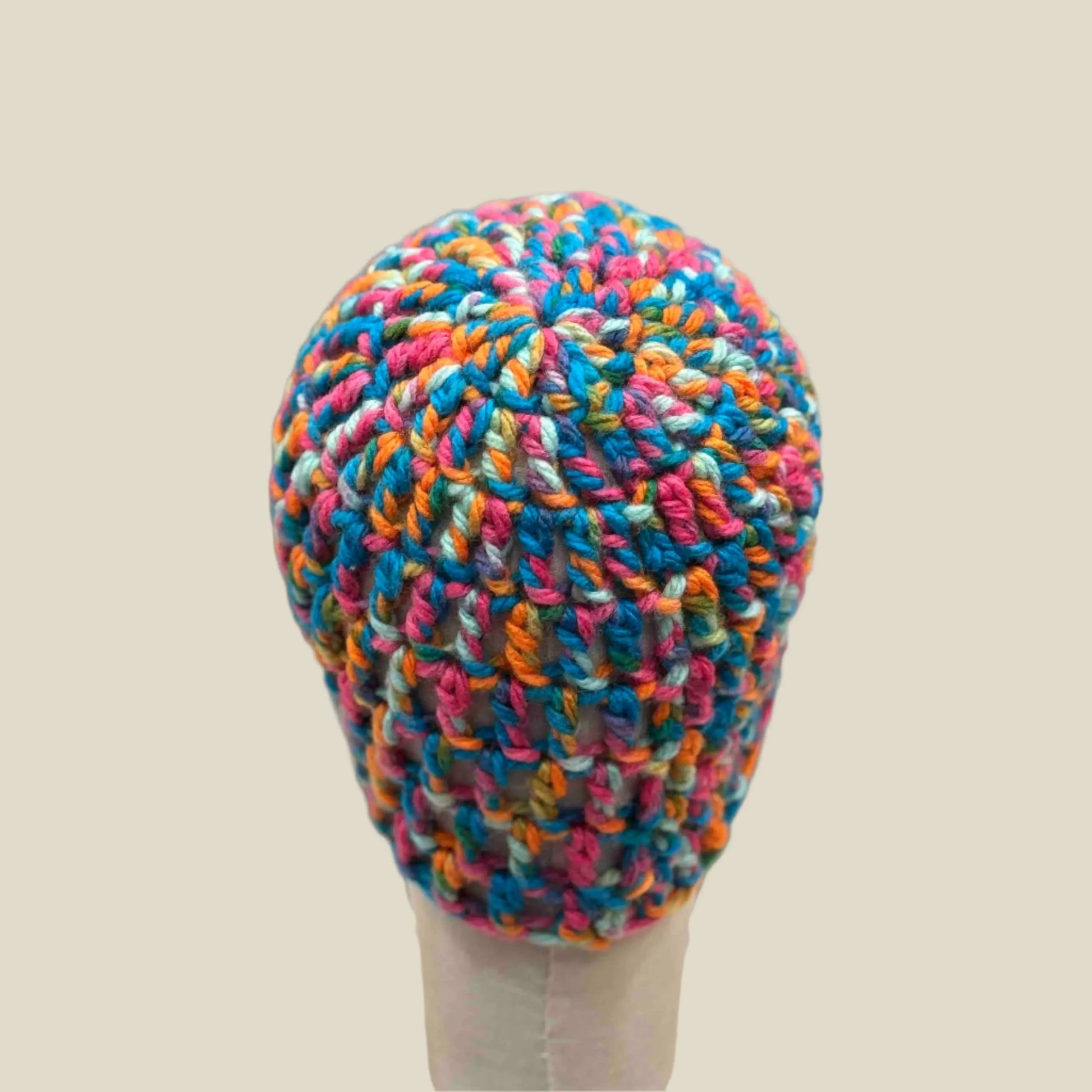 Bulky Multi Pink Blues Greens Orange Treble Crochet Child Beanie 42-55cm H 19cm HeyBou - Made by Lisa