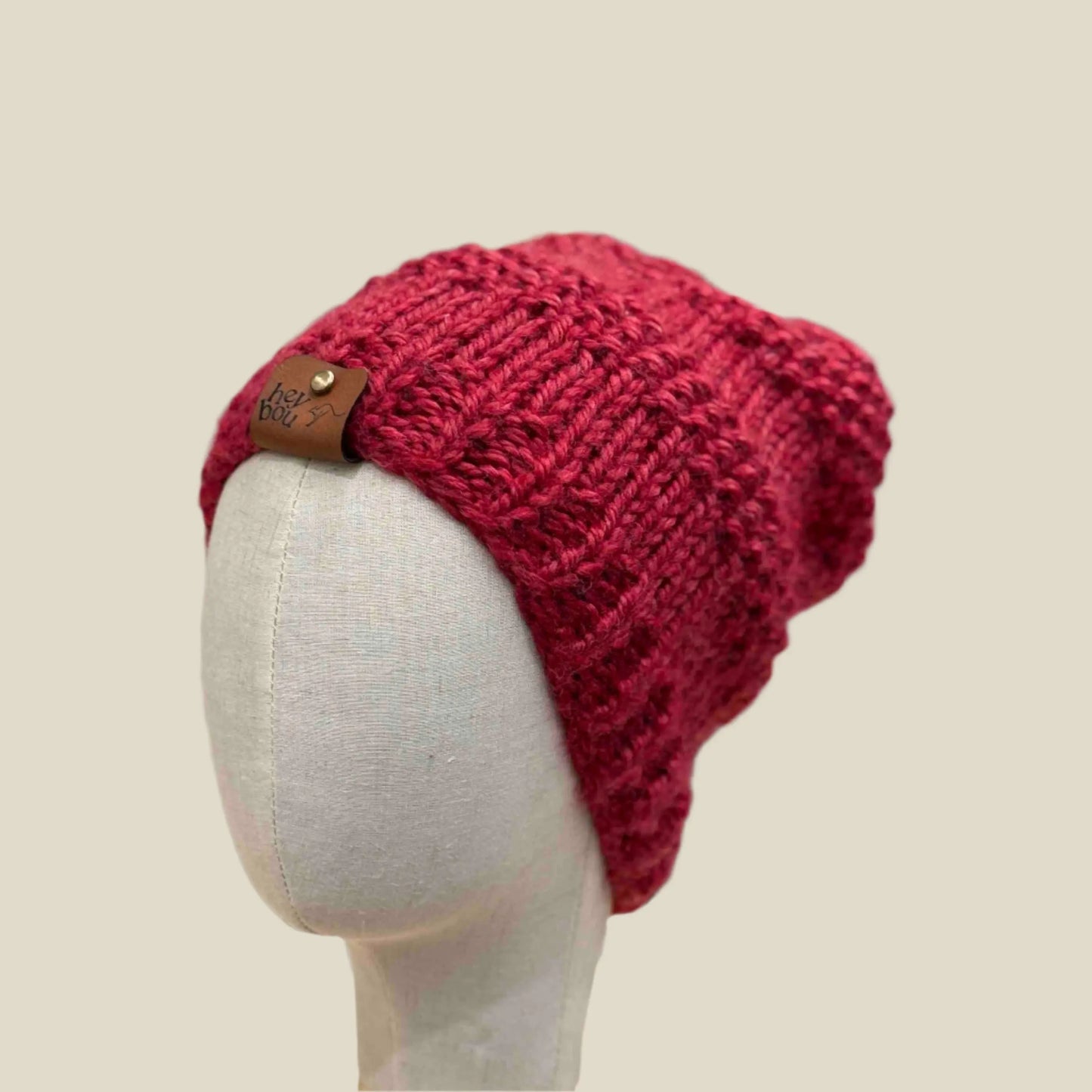 Bulky Red 2 Patterned 5cm Rib Knit Child/Adult Slouchy Beanie 42-60cm H 25cm HeyBou - Made by Lisa
