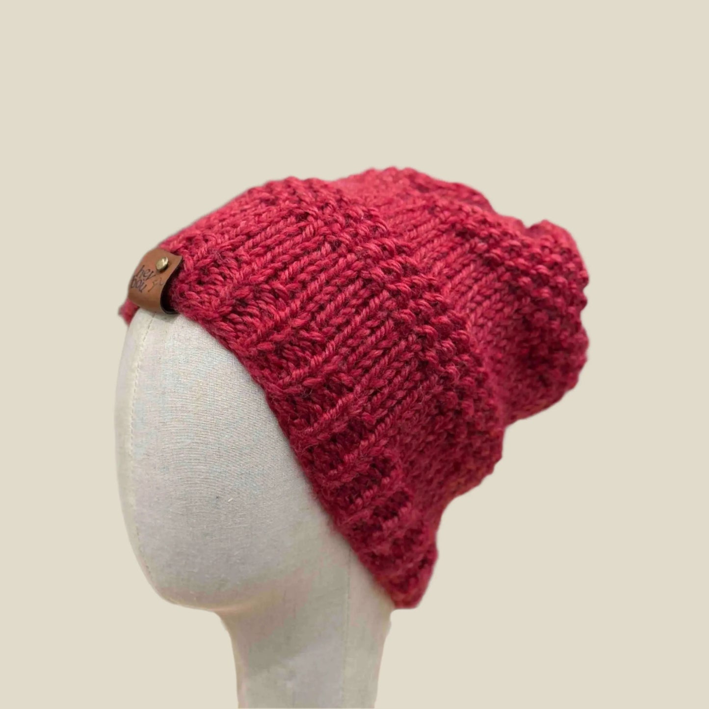 Bulky Red 2 Patterned 5cm Rib Knit Child/Adult Slouchy Beanie 42-60cm H 25cm HeyBou - Made by Lisa