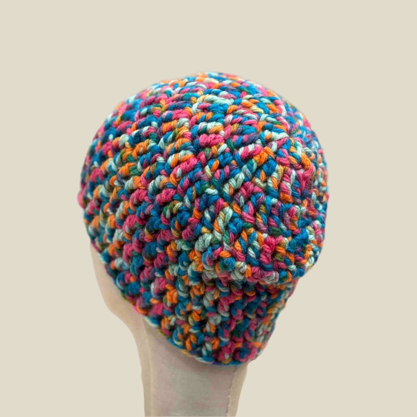 Bulky Multi Pink Blues Greens Orange Treble Crochet Adult Beanie 53-64cm H 23cm HeyBou - Made by Lisa