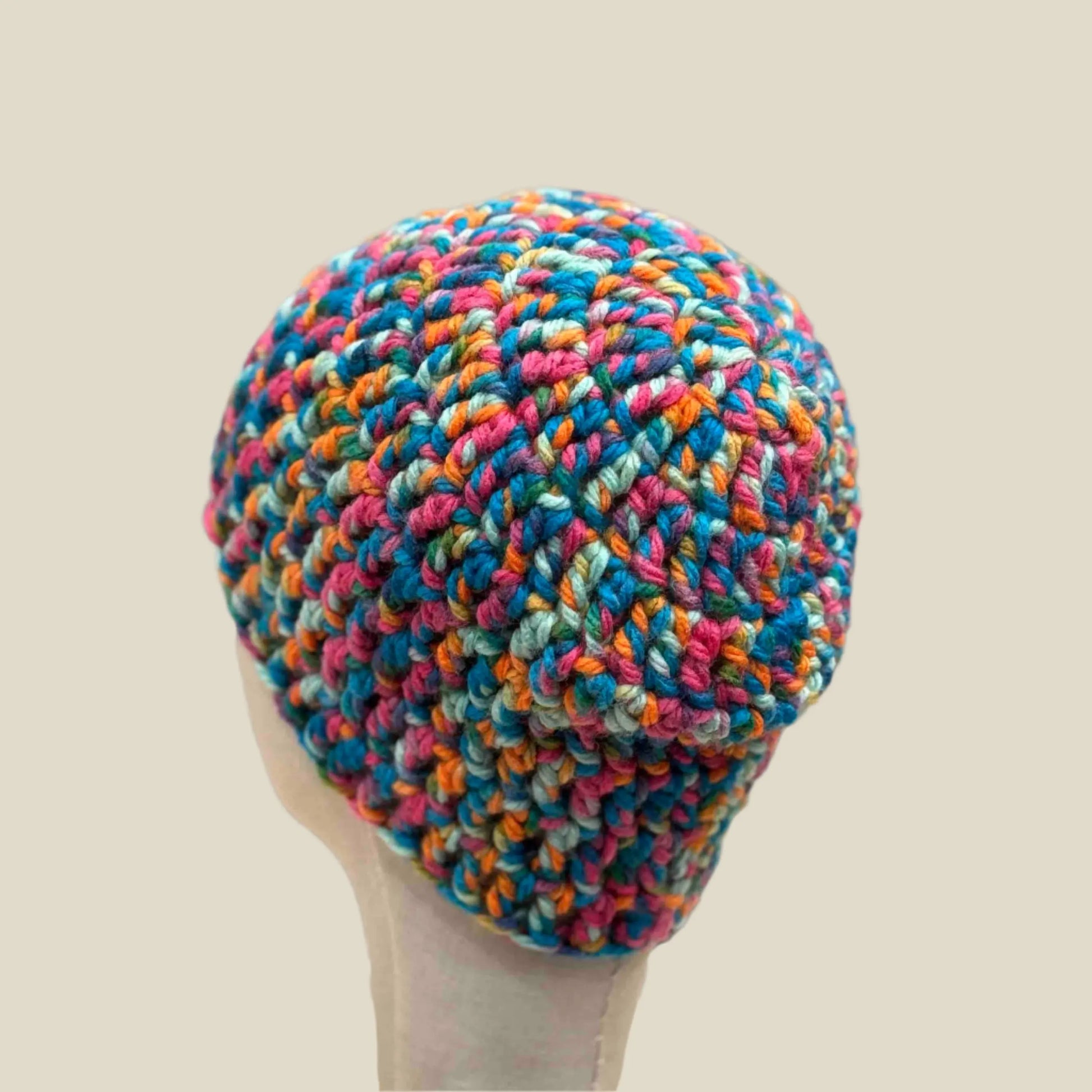Bulky Multi Pink Blues Greens Orange Treble Crochet Adult Beanie 53-64cm H 23cm HeyBou - Made by Lisa
