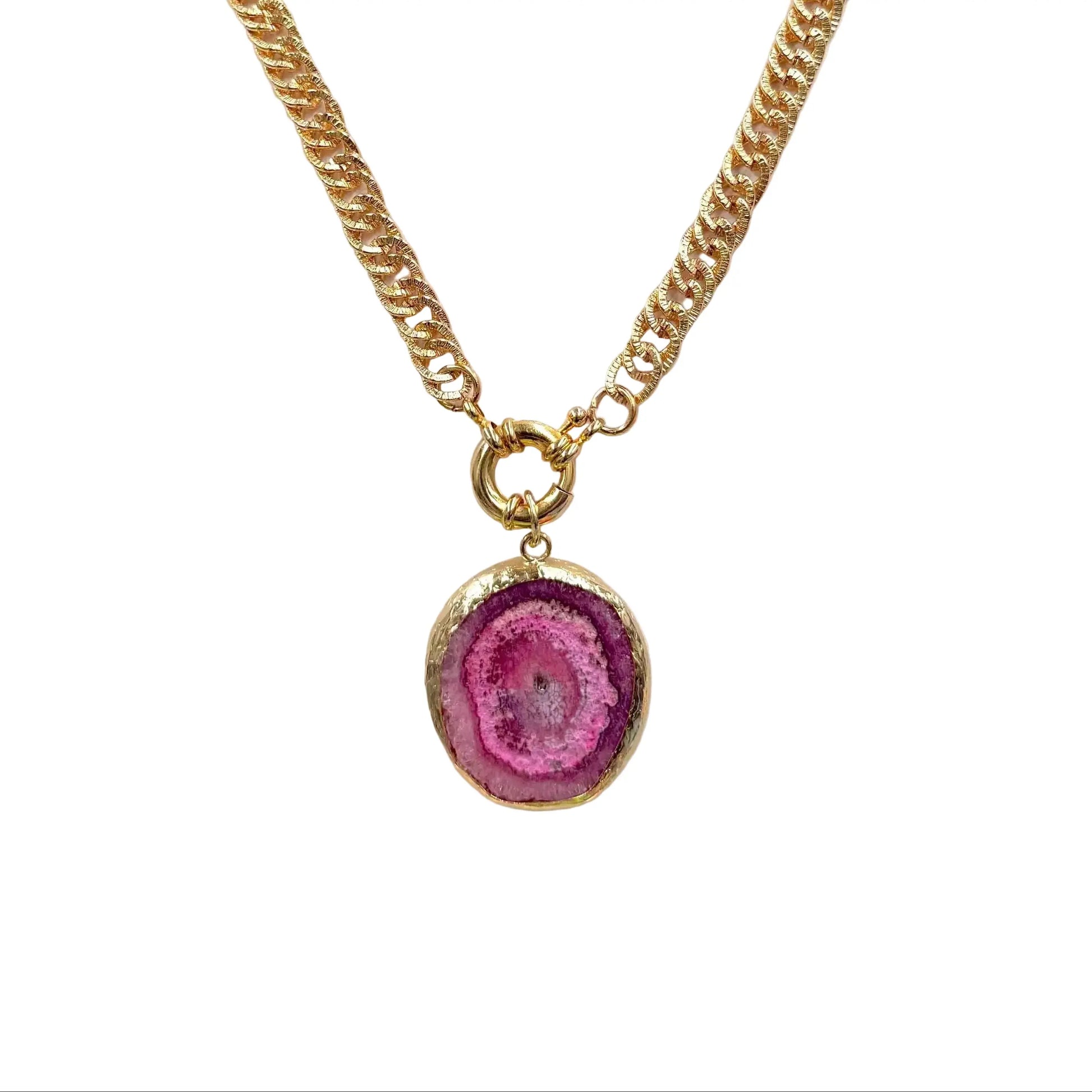 Chunky Purple & Pink Agate Necklace with Thick Interlocking Chain Hey Bou