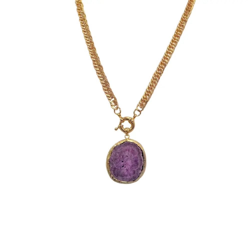 Chunky Purple & Pink Agate Necklace with Thick Interlocking Chain