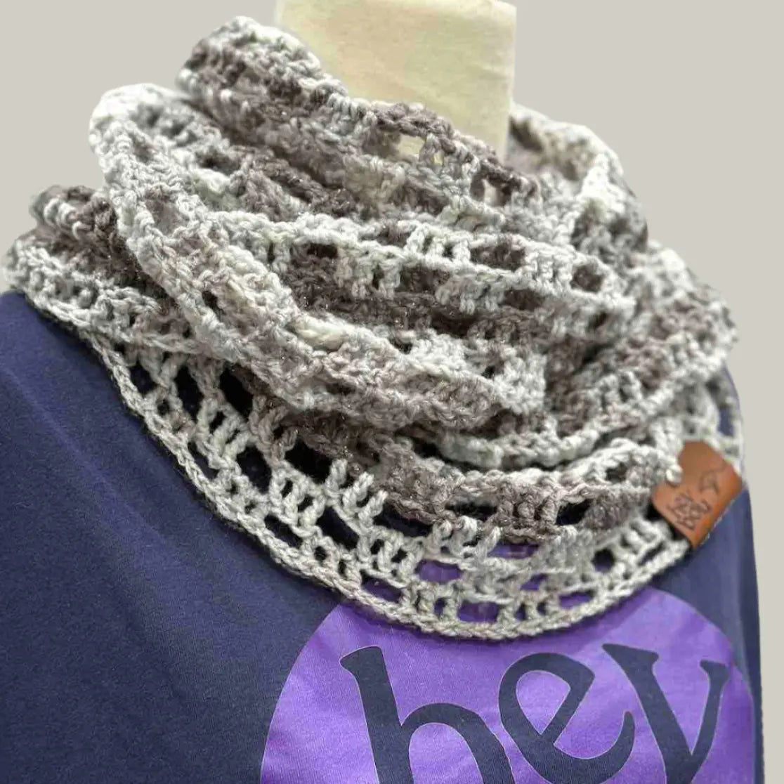 Circular Sparkle Greys Treble Crochet Scarf 192cm x 22cm HeyBou - Made by Lisa