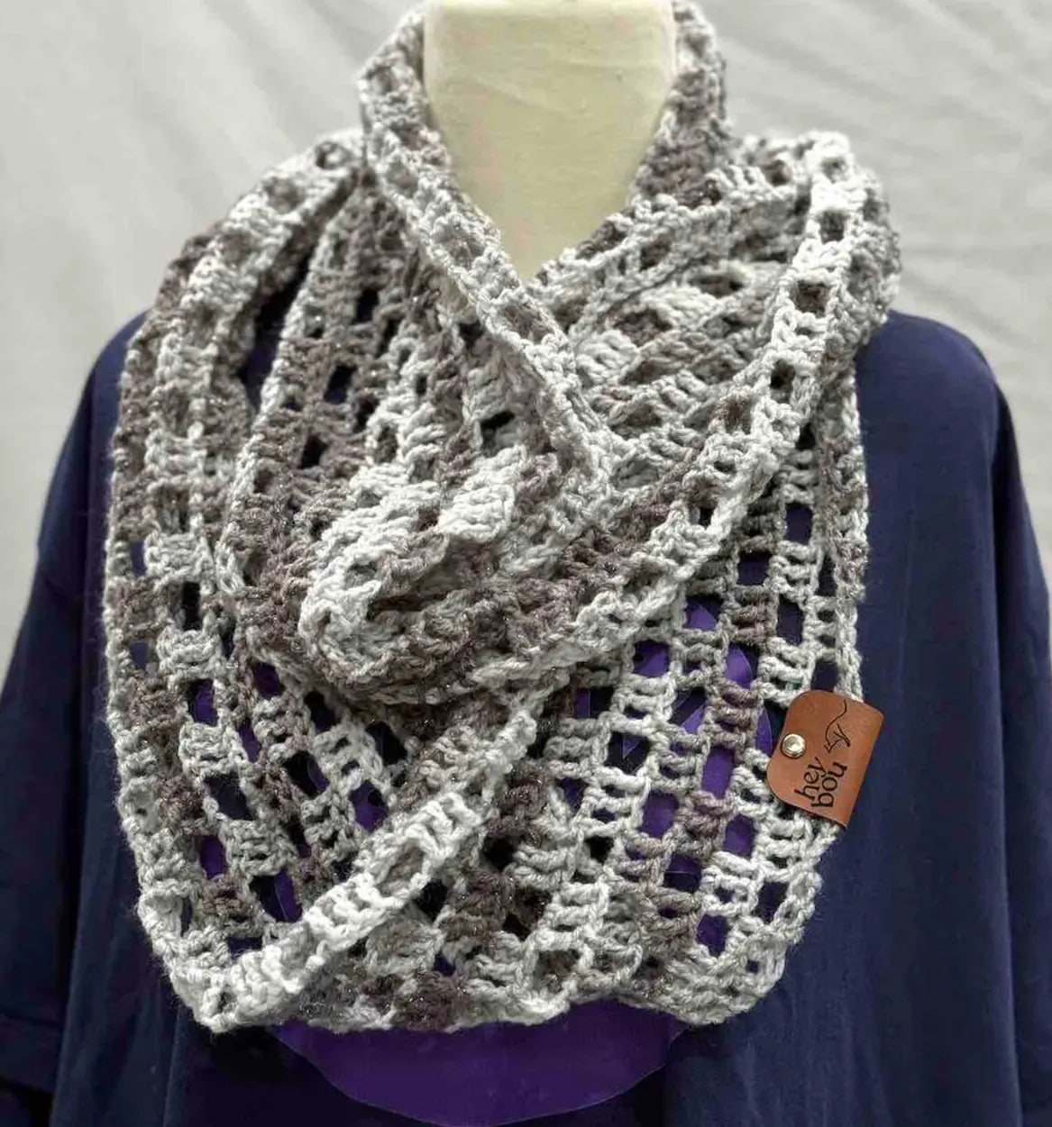 Circular Sparkle Greys Treble Crochet Scarf 192cm x 22cm HeyBou - Made by Lisa