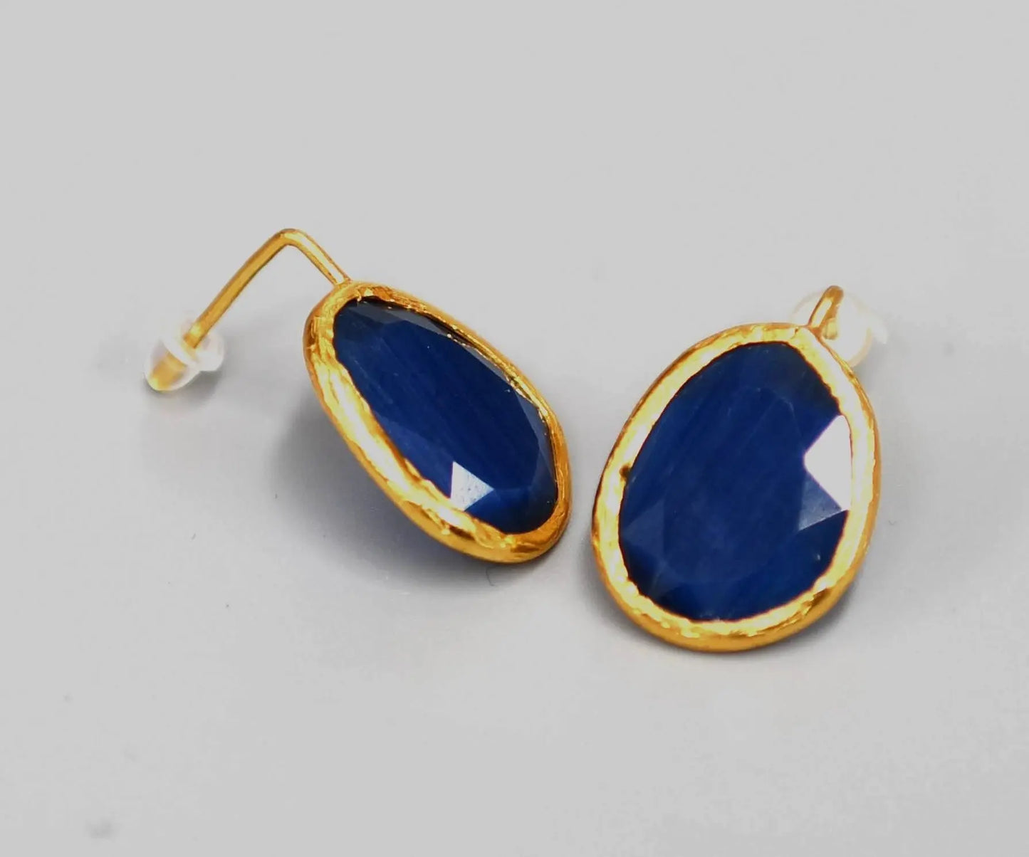 Gold Plated Half Hook Dark Blue Oval Cat Eye Earrings Hey Bou