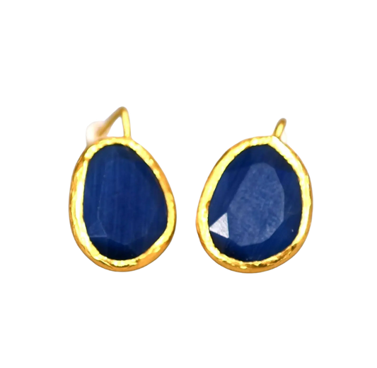 Gold Plated Half Hook Dark Blue Oval Cat Eye Earrings Hey Bou