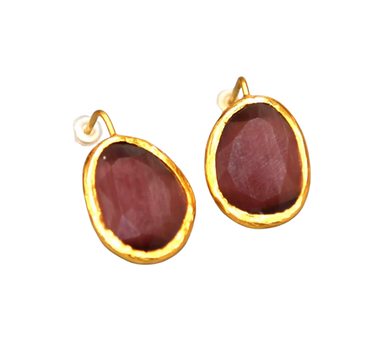 Gold Plated Half Hook Dark Pink Oval Cat Eye Earrings Hey Bou