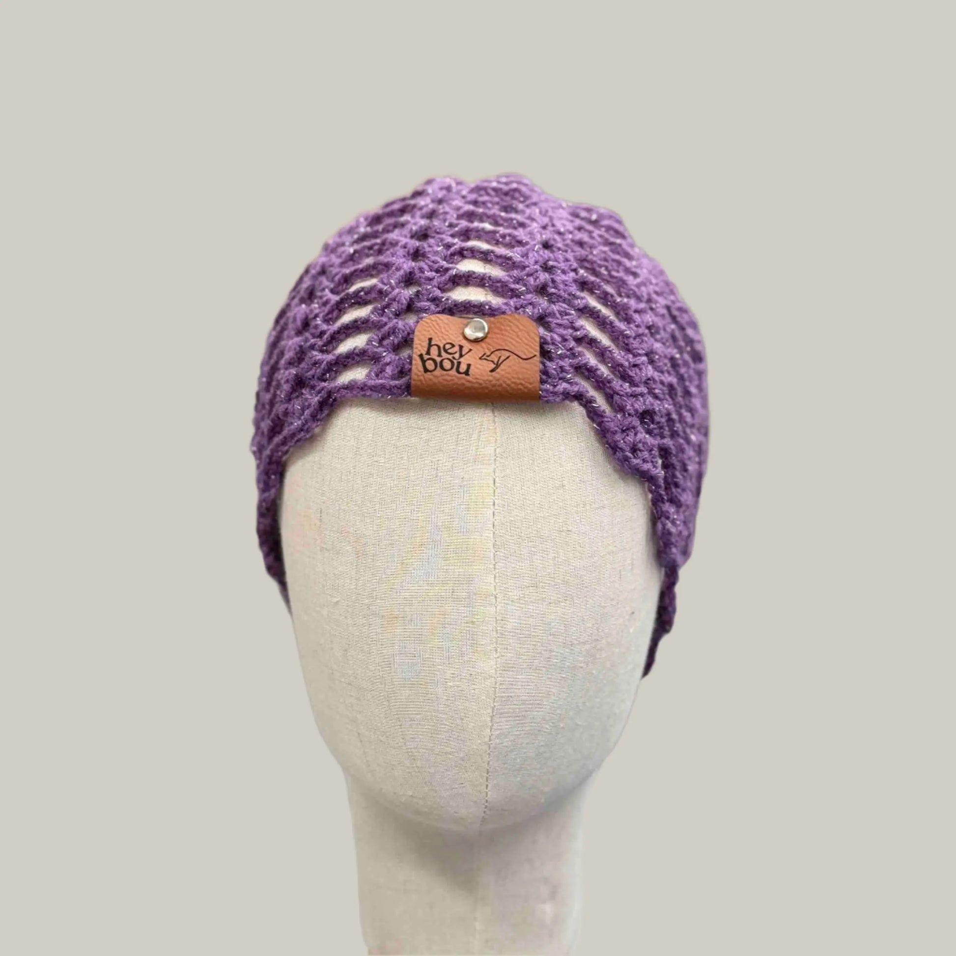 Dark Purple Open Lace Treble Crochet Sparkle Child/Adult Beanie 46-60cm H 21cm HeyBou - Made by Lisa