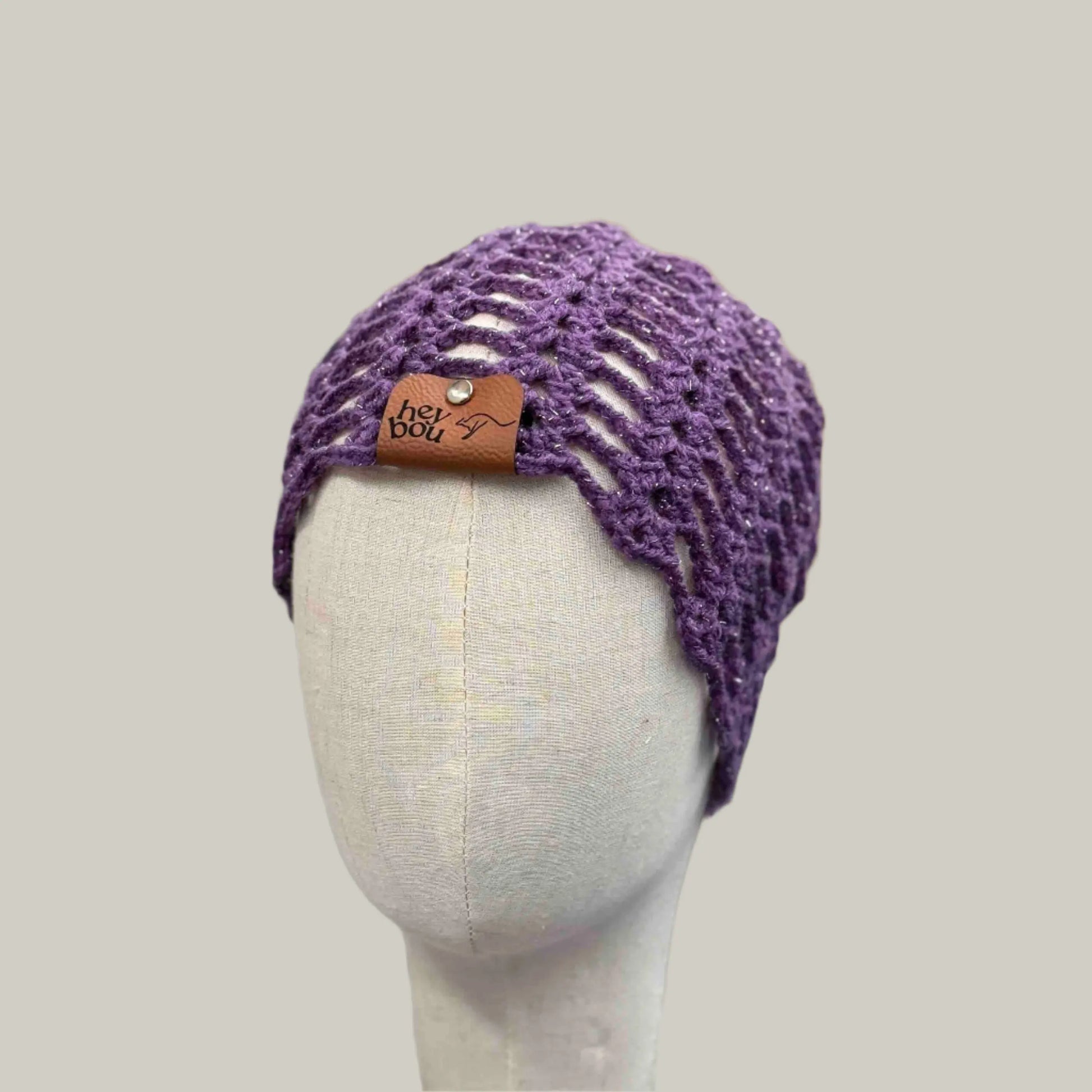 Dark Purple Open Lace Treble Crochet Sparkle Child/Adult Beanie 46-60cm H 21cm HeyBou - Made by Lisa