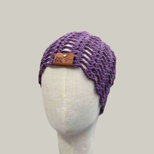 Dark Purple Open Lace Treble Crochet Sparkle Child/Adult Beanie 46-60cm H 21cm HeyBou - Made by Lisa