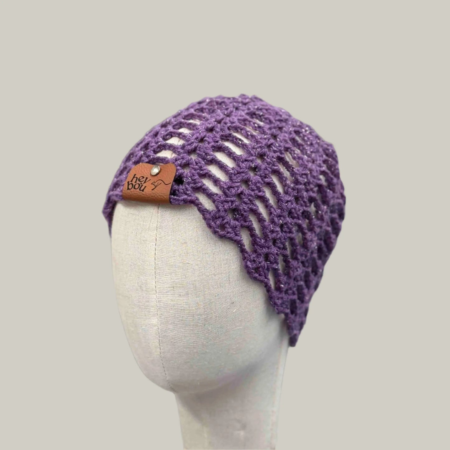 Dark Purple Open Lace Treble Crochet Sparkle Child/Adult Beanie 46-60cm H 21cm HeyBou - Made by Lisa