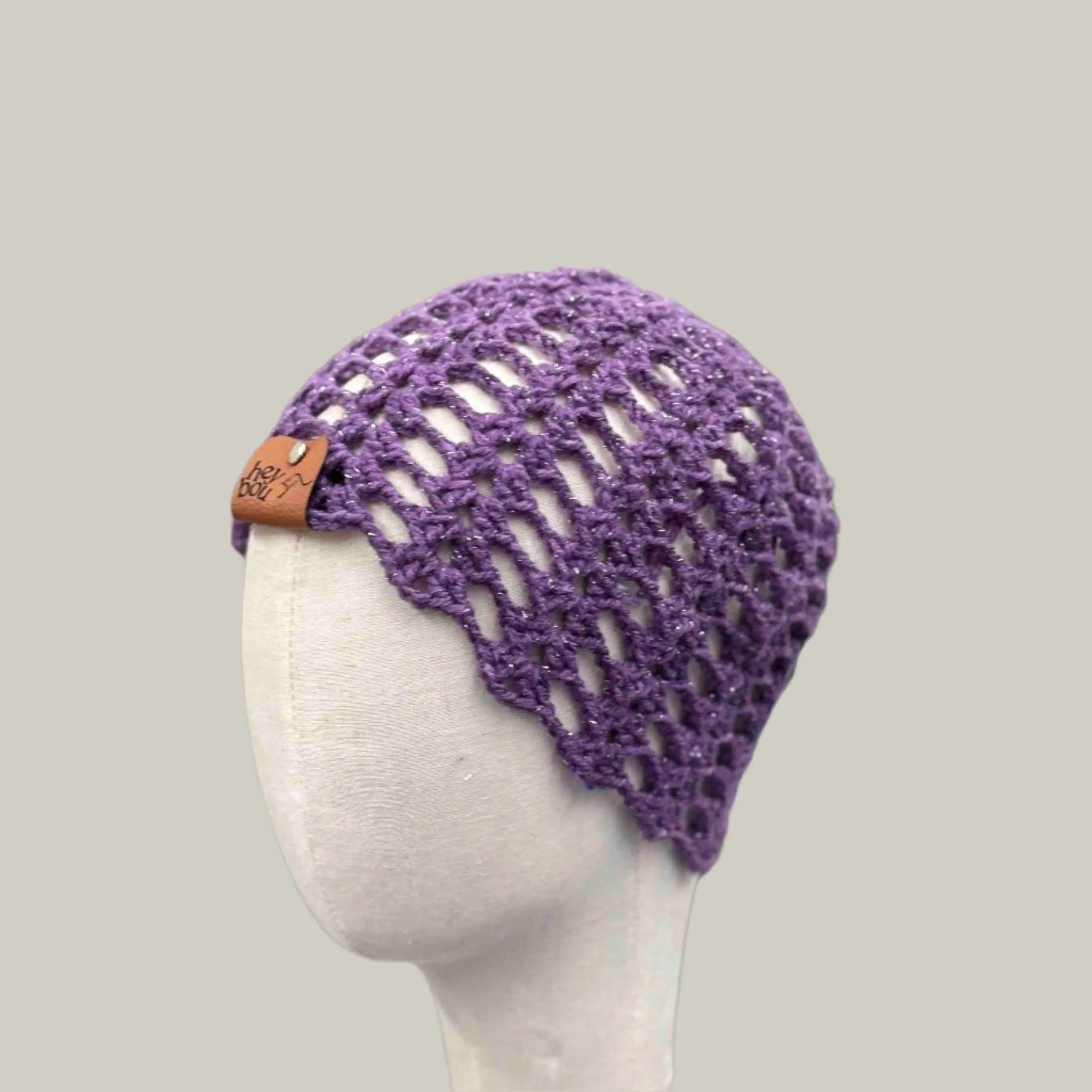 Dark Purple Open Lace Treble Crochet Sparkle Child/Adult Beanie 46-60cm H 21cm HeyBou - Made by Lisa