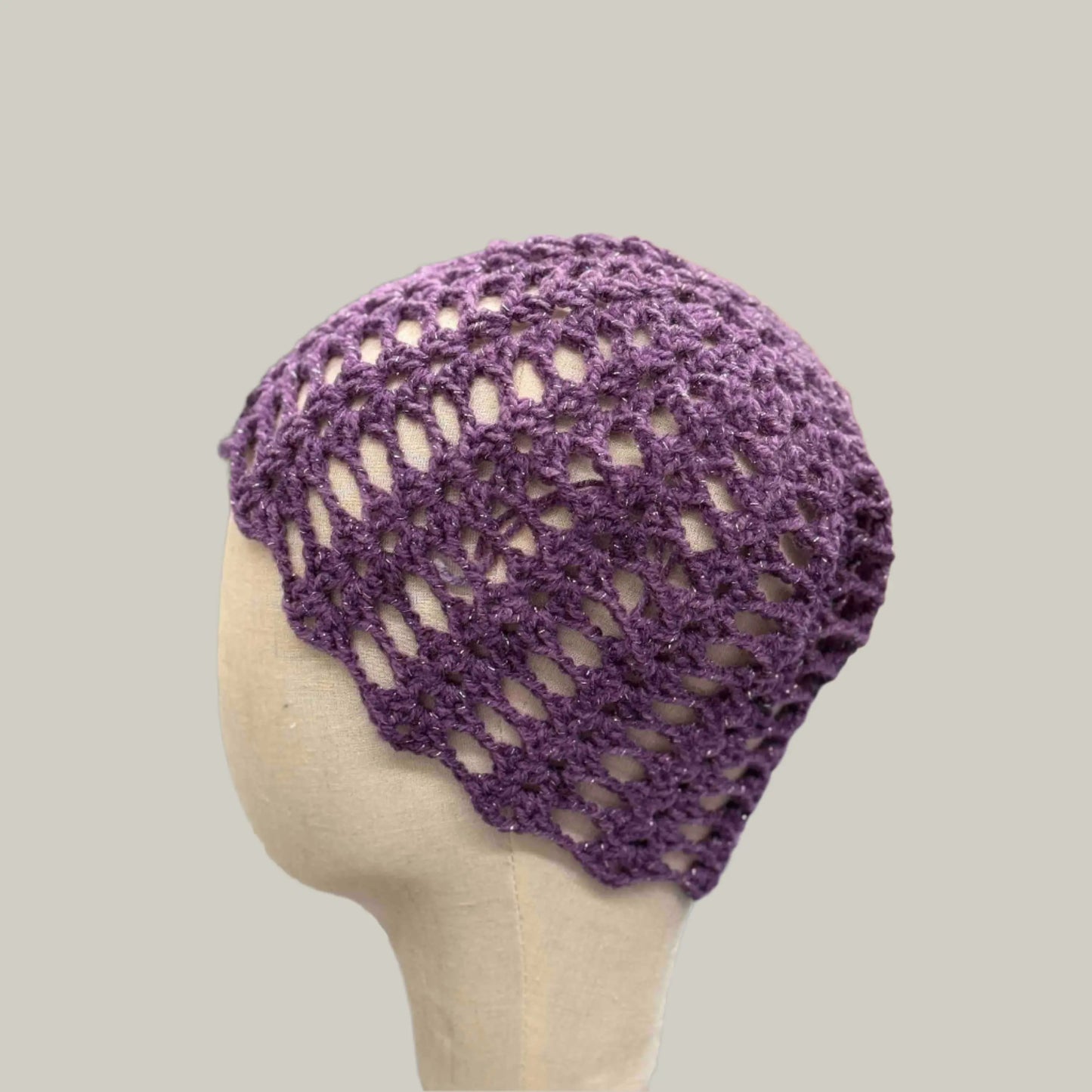 Dark Purple Open Lace Treble Crochet Sparkle Child/Adult Beanie 46-60cm H 21cm HeyBou - Made by Lisa