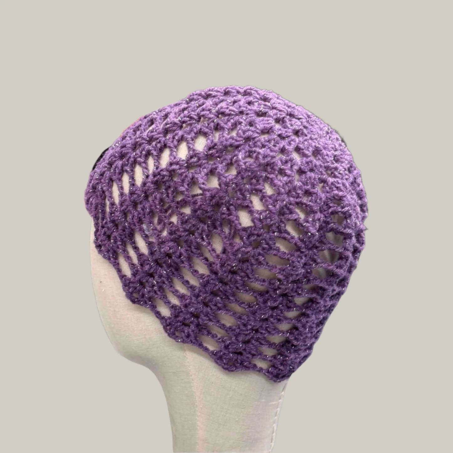 Dark Purple Open Lace Treble Crochet Sparkle Child/Adult Beanie 46-60cm H 21cm HeyBou - Made by Lisa