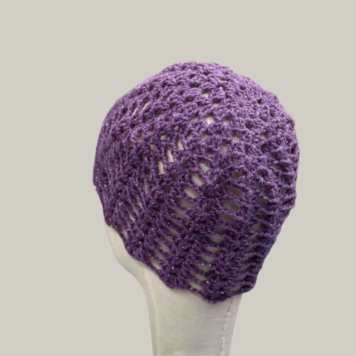 Dark Purple Open Lace Treble Crochet Sparkle Child/Adult Beanie 46-60cm H 21cm HeyBou - Made by Lisa
