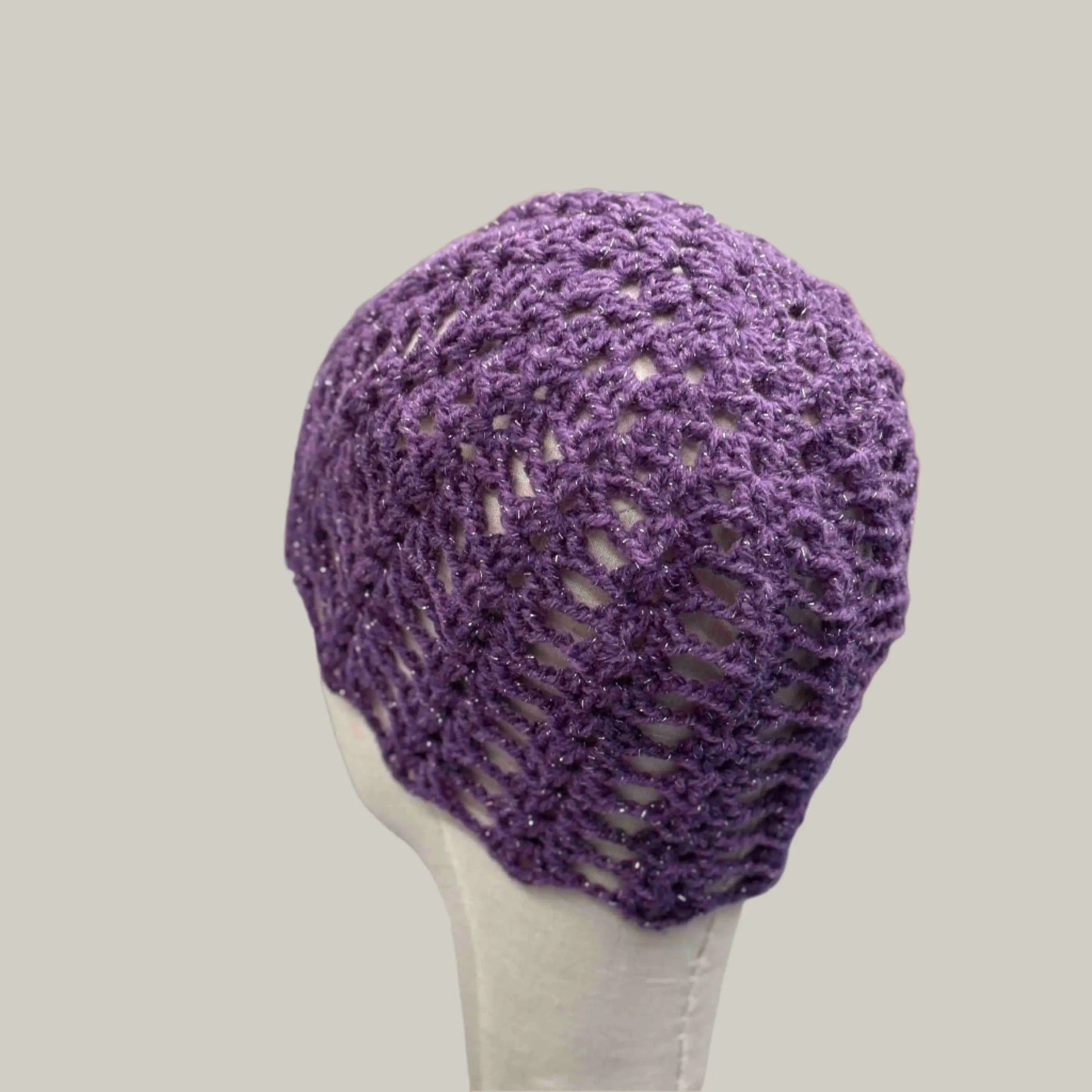Dark Purple Open Lace Treble Crochet Sparkle Child/Adult Beanie 46-60cm H 21cm HeyBou - Made by Lisa