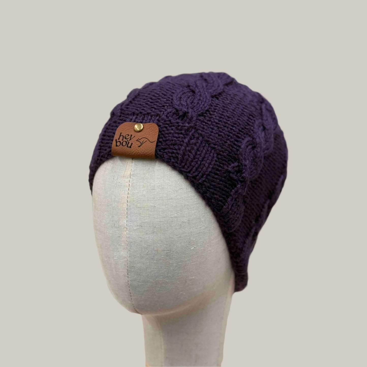 Deep Purple Knitted Cable 4cm Rib Adult Beanie 42-57cm H 23cm HeyBou - Made by Lisa