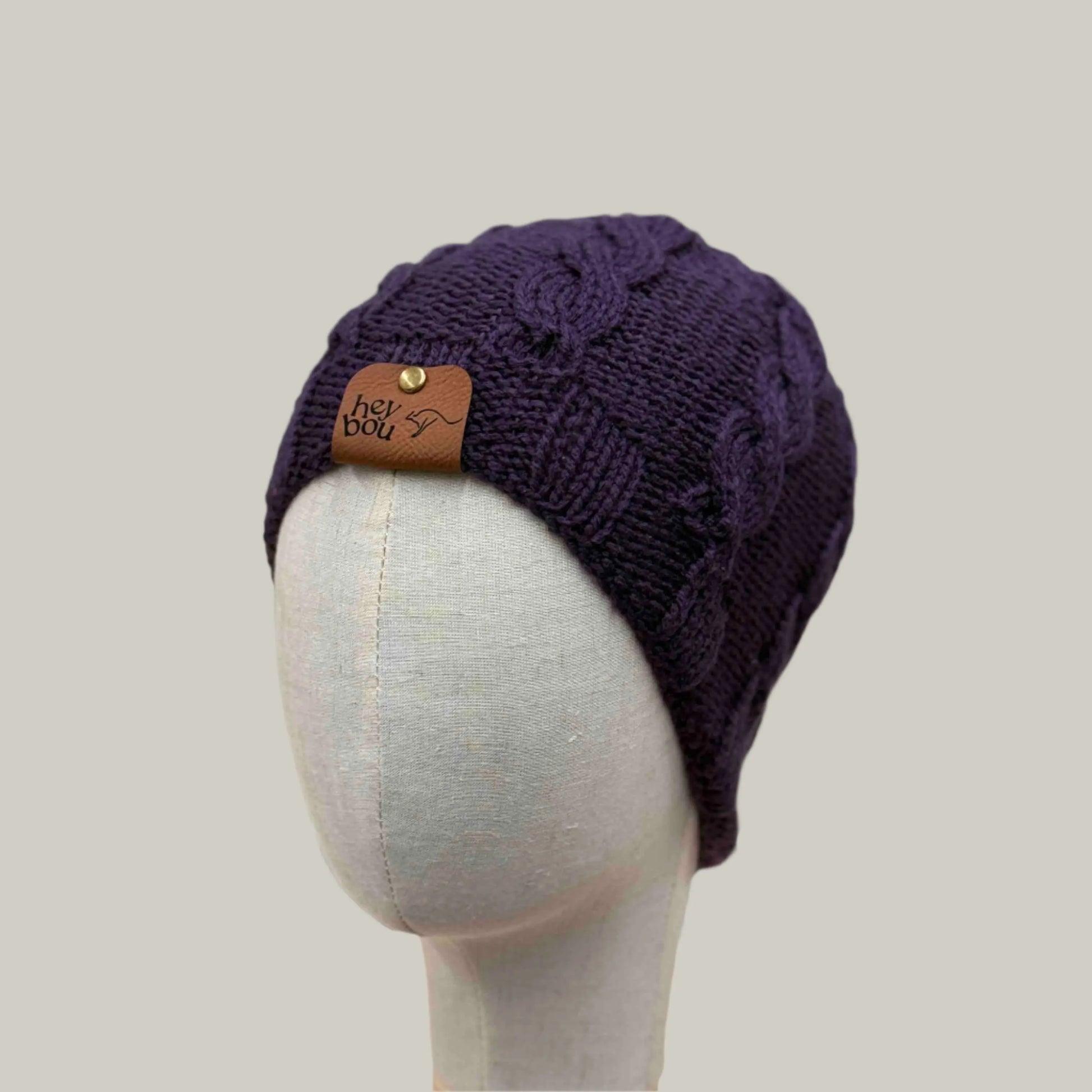 Deep Purple Knitted Cable 4cm Rib Adult Beanie 42-57cm H 23cm HeyBou - Made by Lisa