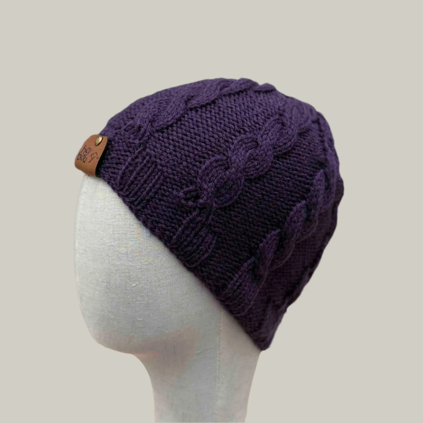 Deep Purple Knitted Cable 4cm Rib Adult Beanie 42-57cm H 23cm HeyBou - Made by Lisa