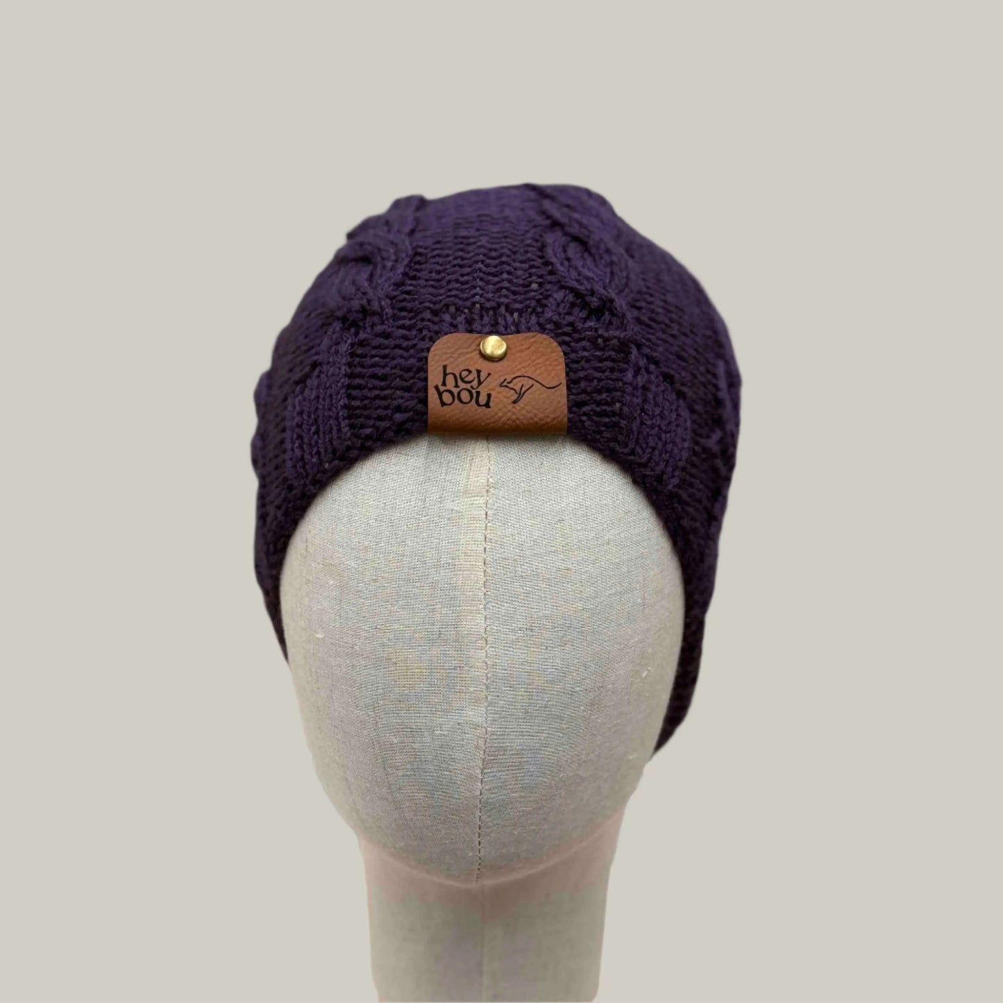 Deep Purple Knitted Cable 4cm Rib Child/Adult Beanie 39-56cm H 23cm HeyBou - Made by Lisa