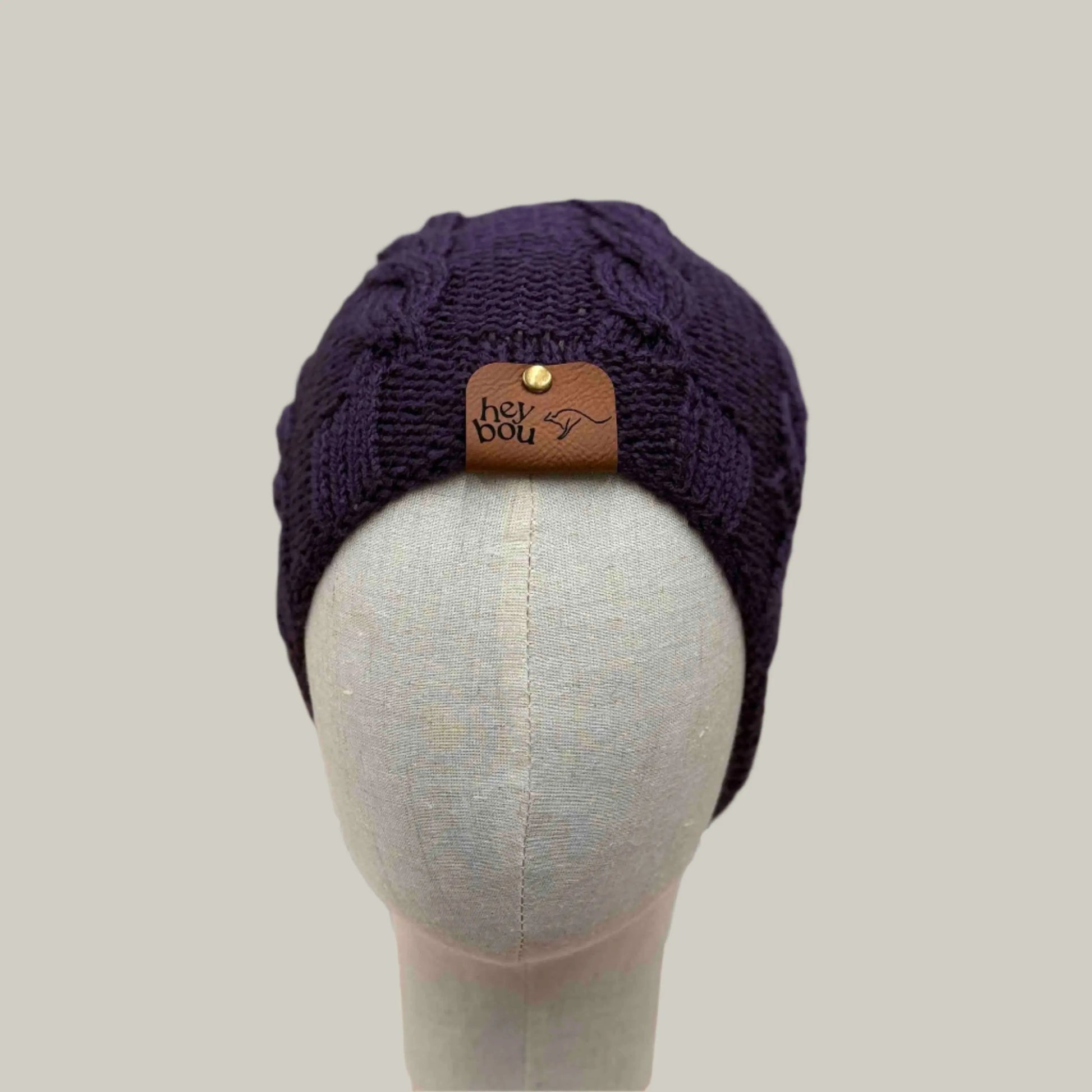 Deep Purple Knitted Cable 4cm Rib Child/Adult Beanie 39-56cm H 23cm HeyBou - Made by Lisa