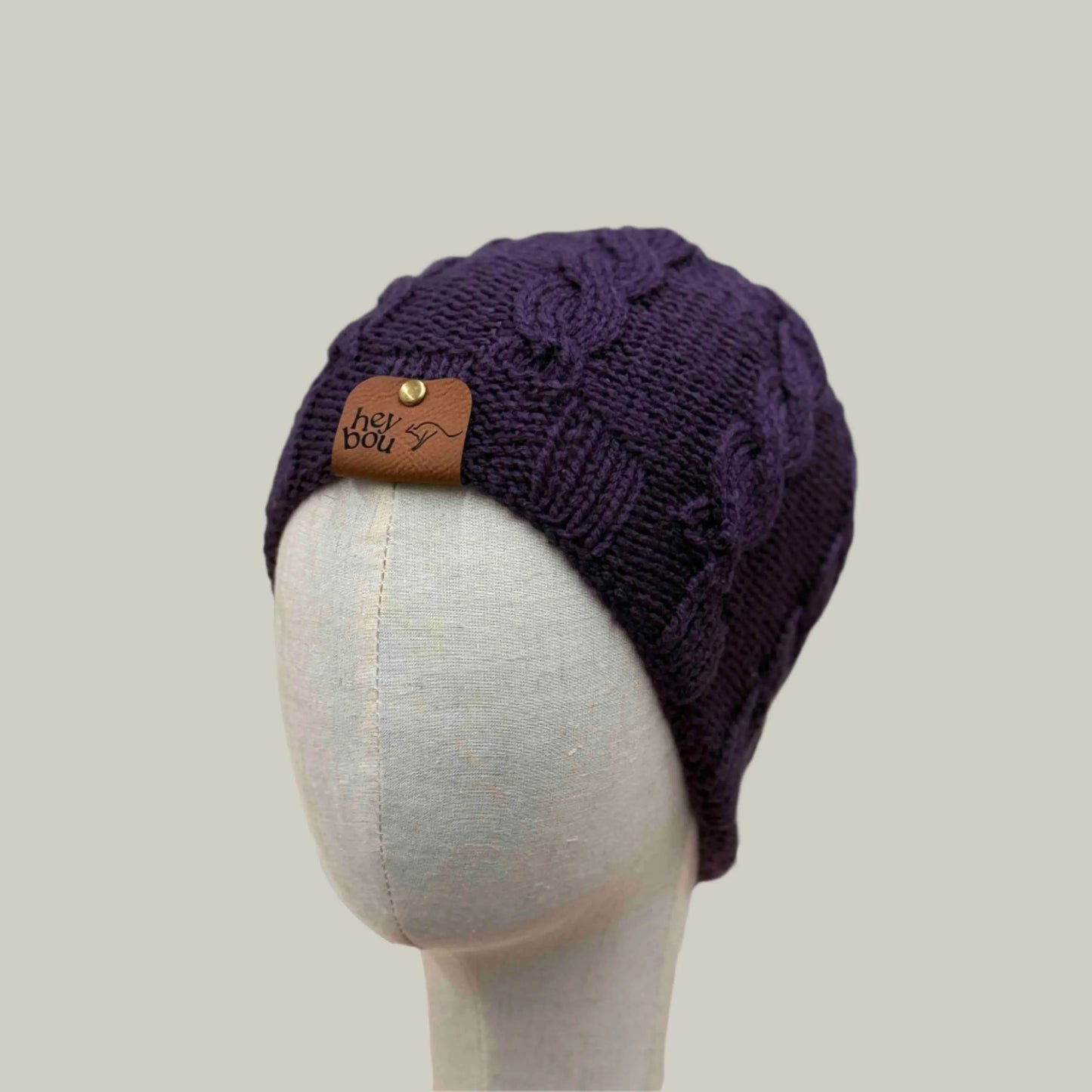 Deep Purple Knitted Cable 4cm Rib Child/Adult Beanie 39-56cm H 23cm HeyBou - Made by Lisa