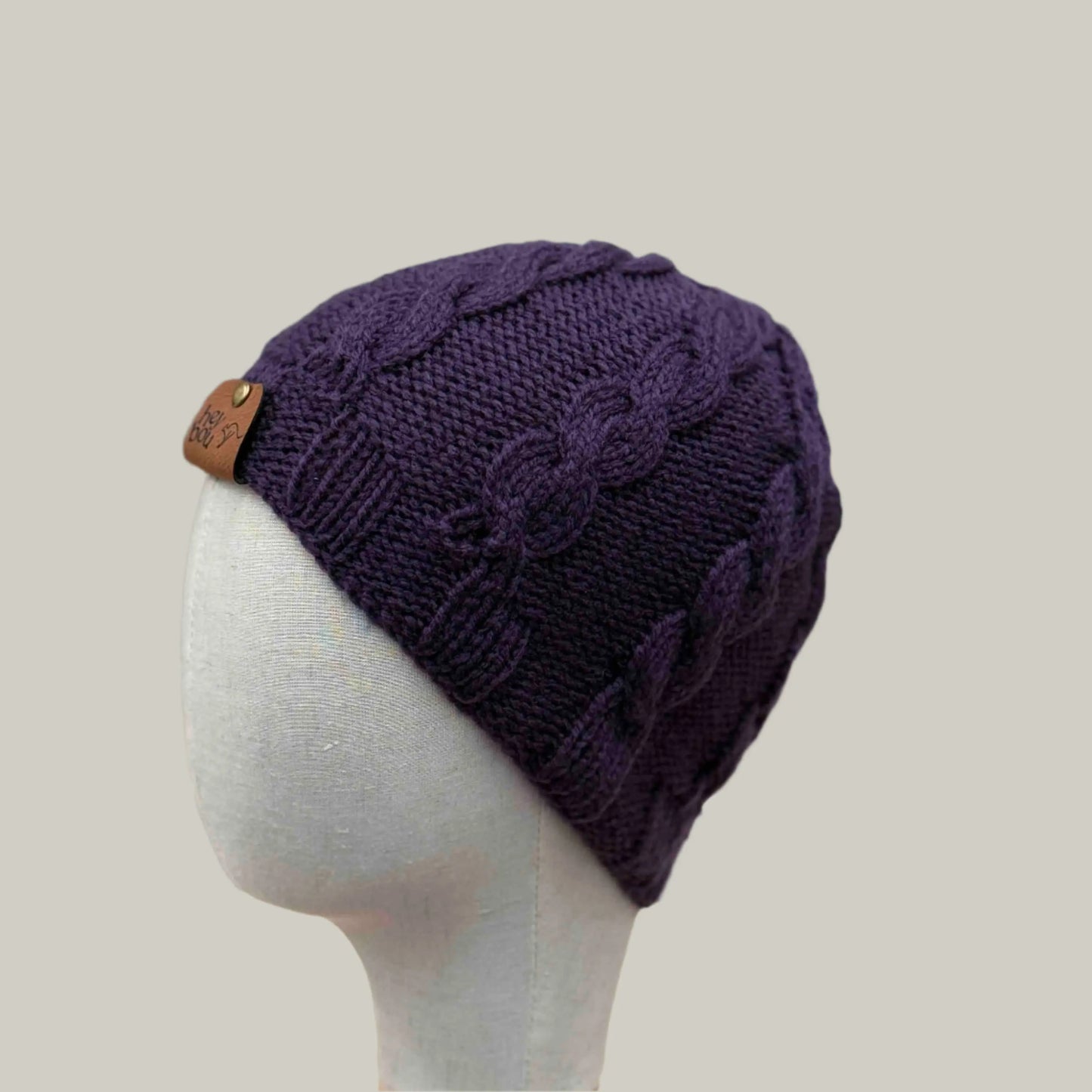 Deep Purple Knitted Cable 4cm Rib Child/Adult Beanie 39-56cm H 23cm HeyBou - Made by Lisa