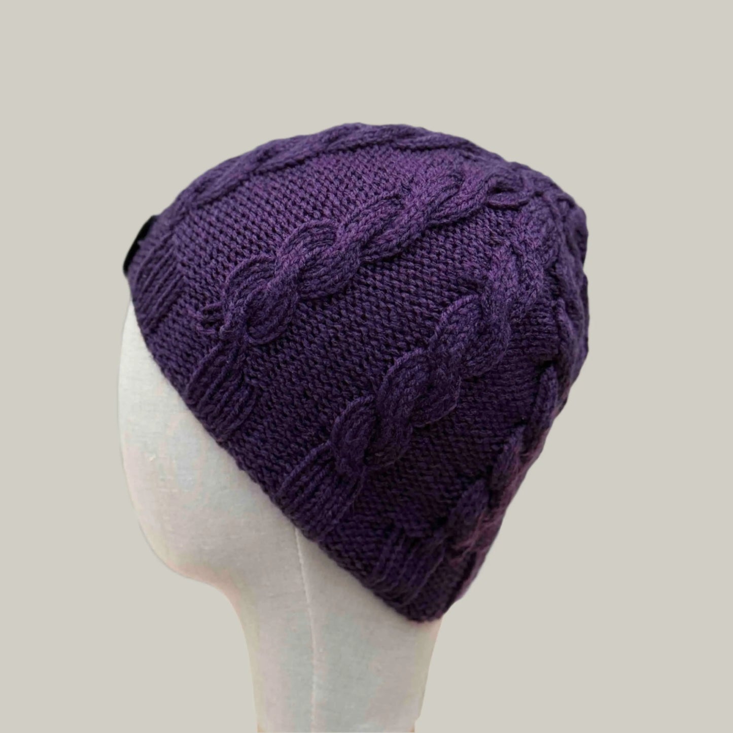 Deep Purple Knitted Cable 4cm Rib Child/Adult Beanie 39-56cm H 23cm HeyBou - Made by Lisa