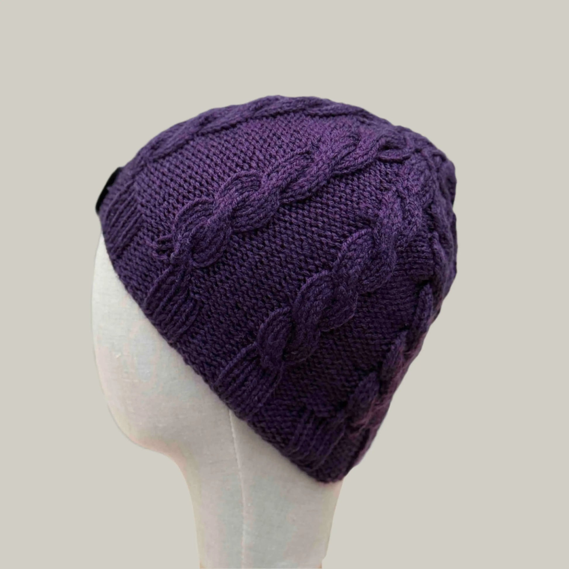 Deep Purple Knitted Cable 4cm Rib Child/Adult Beanie 39-56cm H 23cm HeyBou - Made by Lisa