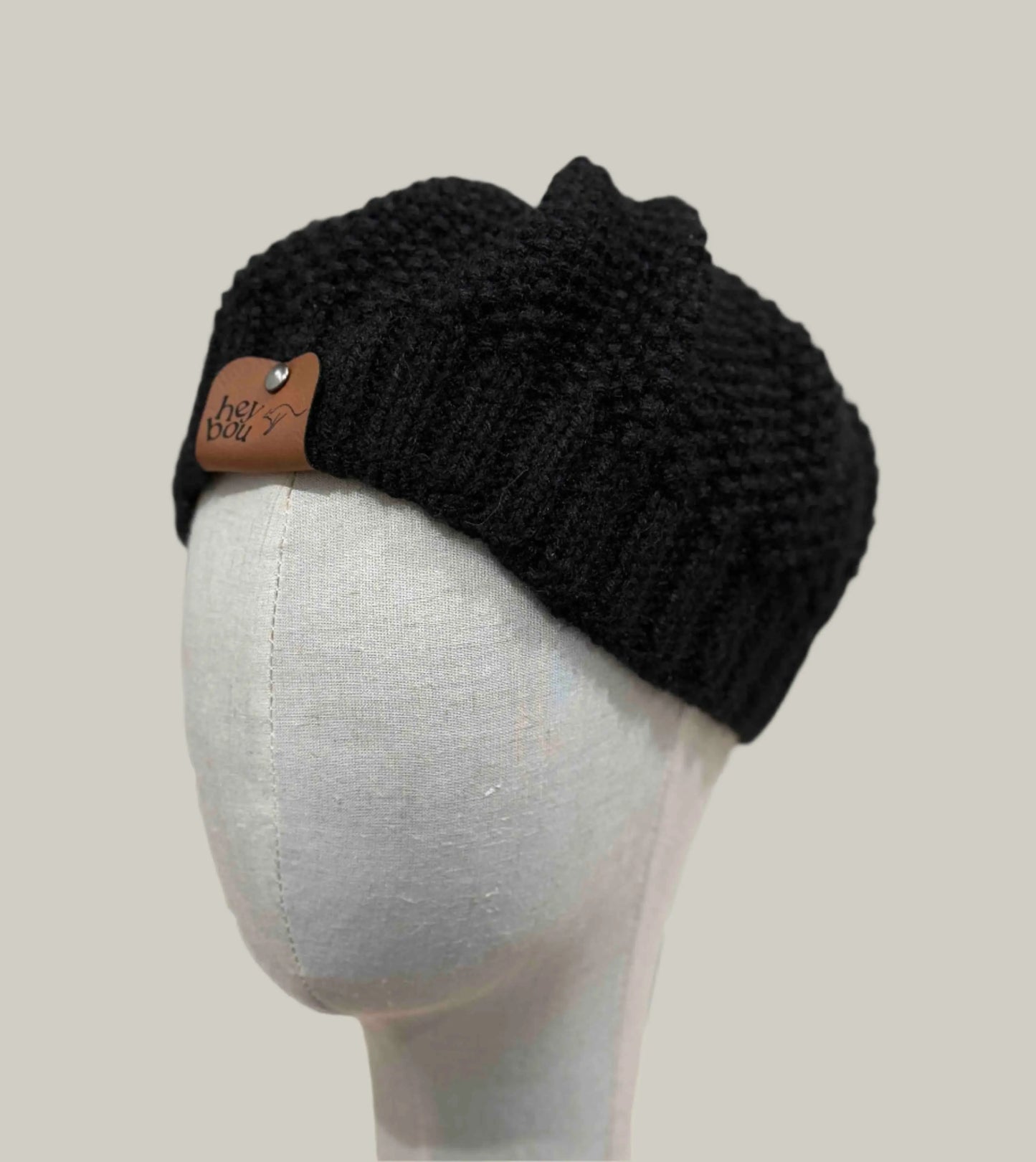 Black French Beret Knit Moss Stitch Short Adult Beanie 50-69cm H 19cm HeyBou