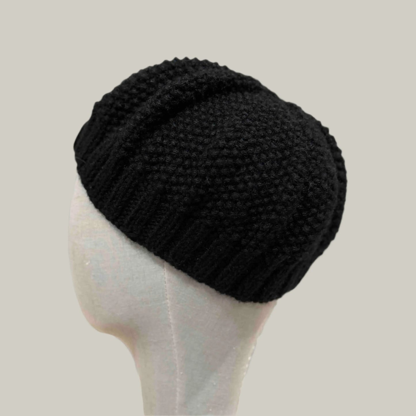 Black French Beret Knit Moss Stitch Short Adult Beanie 50-69cm H 19cm HeyBou