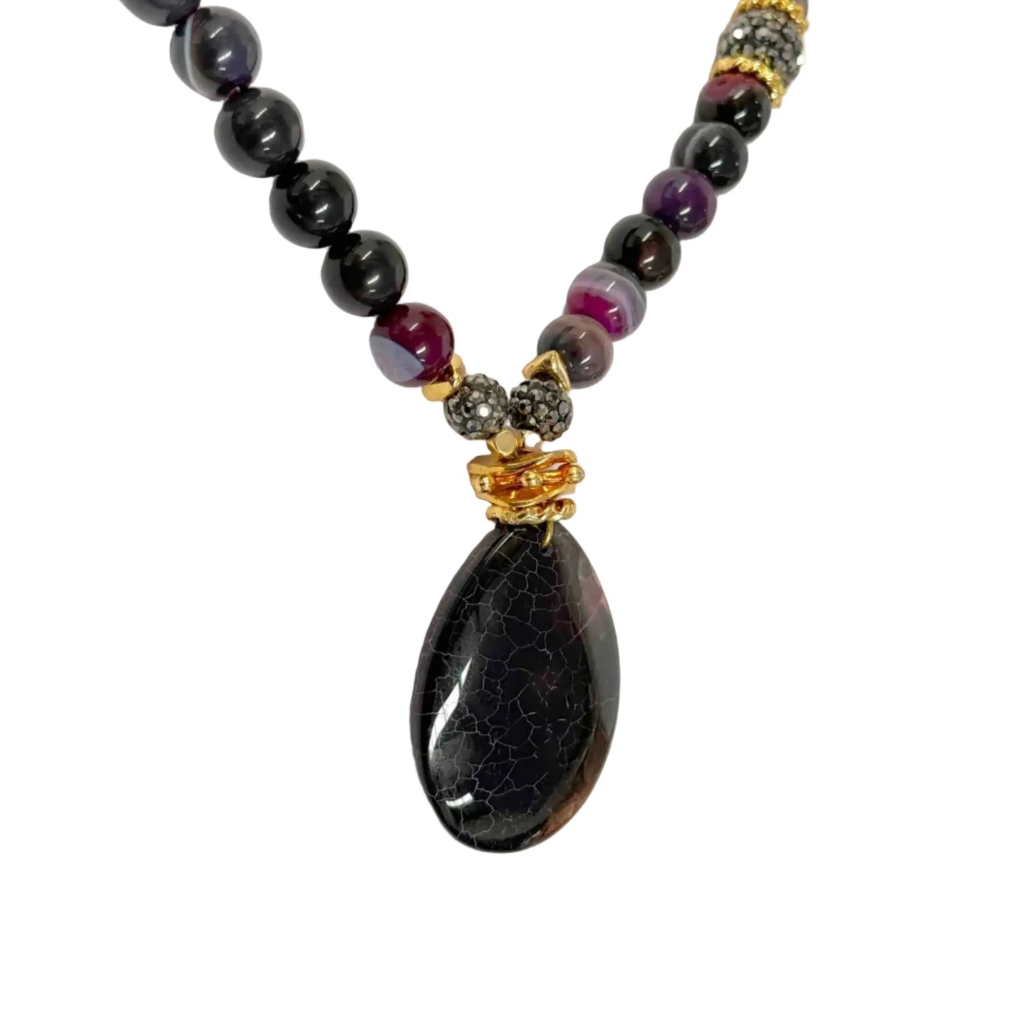 Gold Plated Natural Large Amethyst Agate and Bead Necklace Hey Bou