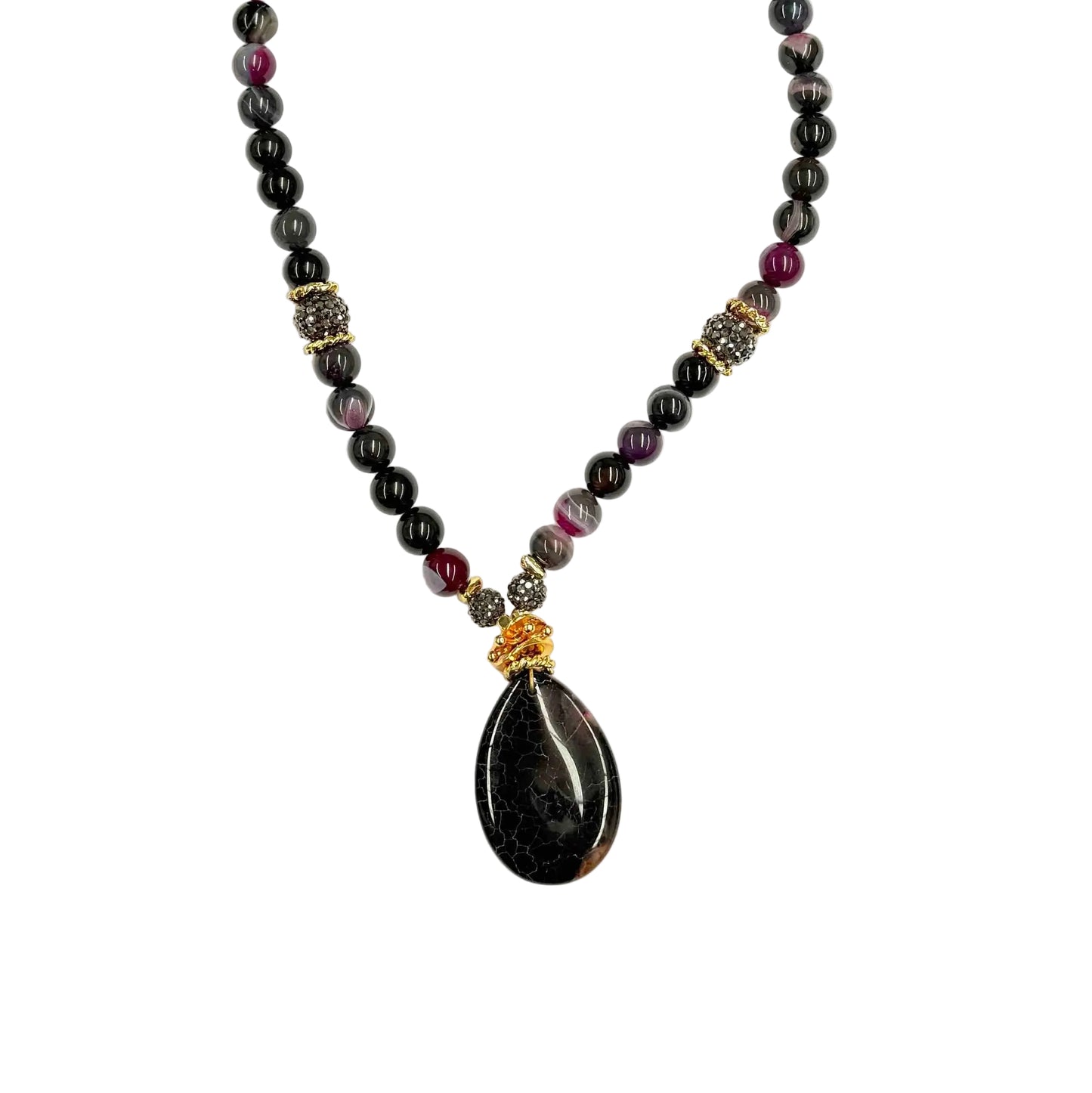 Gold Plated Natural Large Amethyst Agate and Bead Necklace Hey Bou