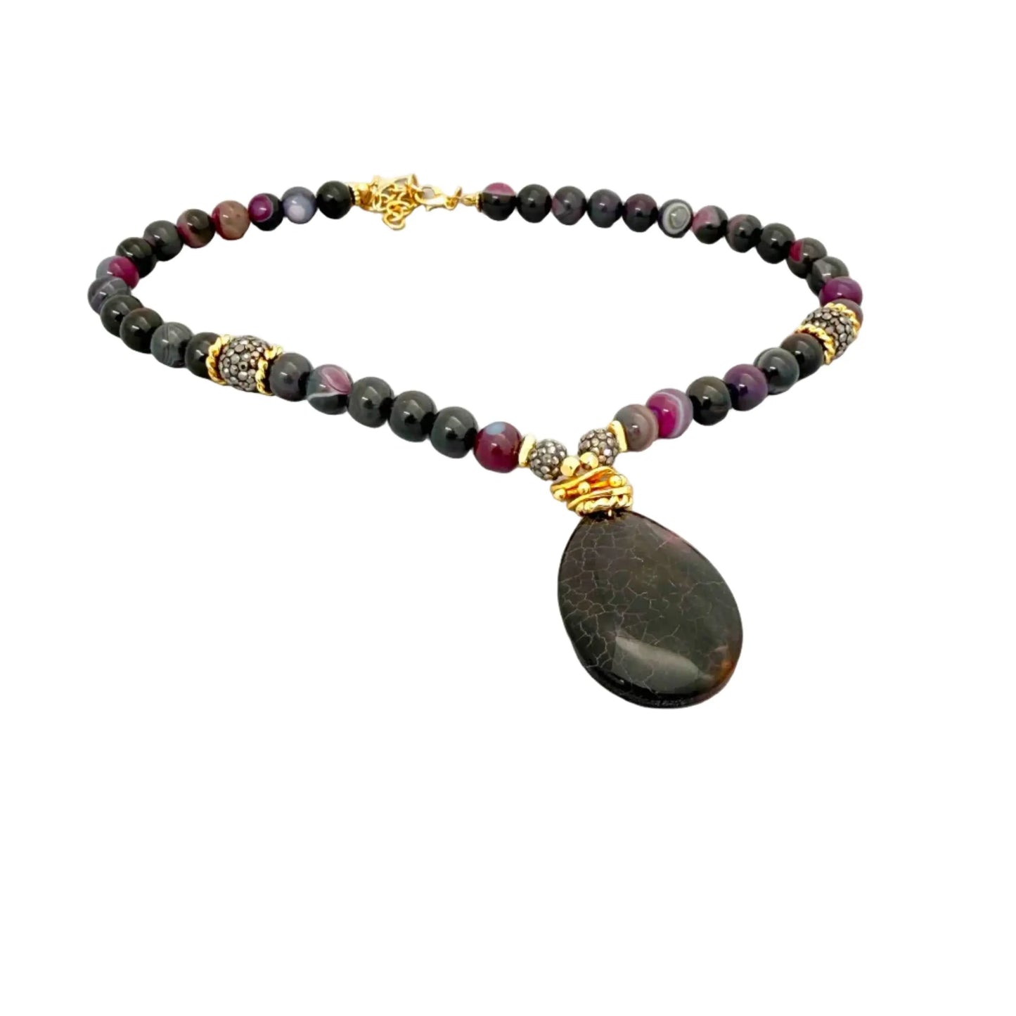 Gold Plated Natural Large Amethyst Agate and Bead Necklace Hey Bou