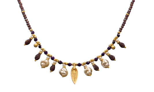 Gold Purple Stone, Leaf and Pearl Stone Necklace Hey Bou