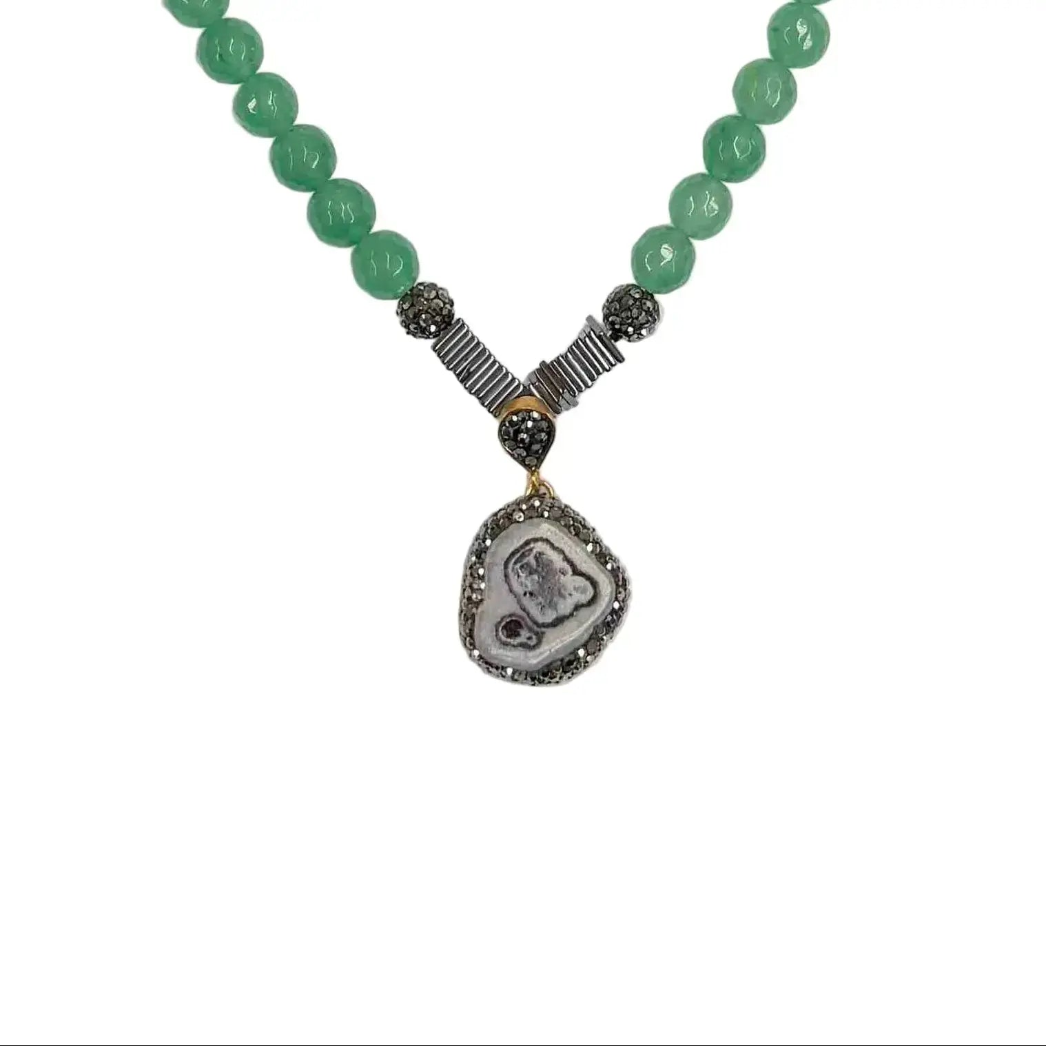 Gold Plated Amethyst Agate Pendant with Green Bead Necklace Hey Bou