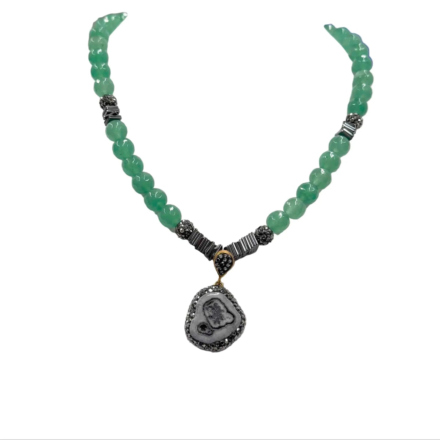 Gold Plated Amethyst Agate Pendant with Green Bead Necklace Hey Bou