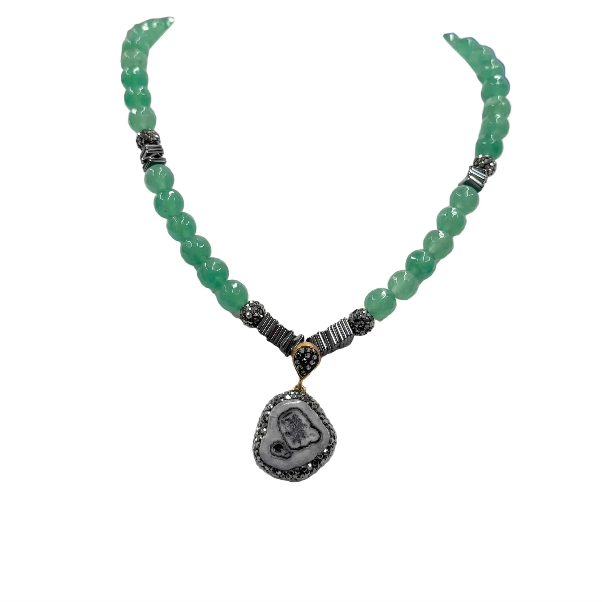 Gold Plated Amethyst Agate Pendant with Green Bead Necklace Hey Bou