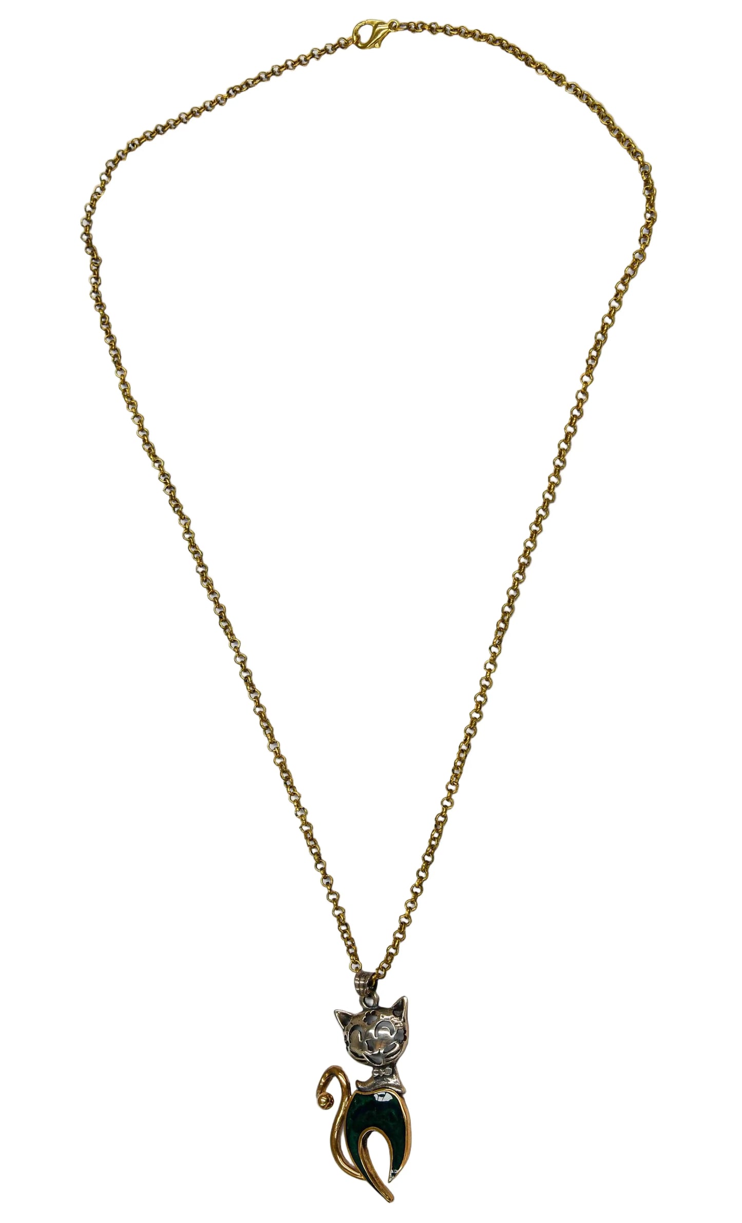 Green Sterling Silver & Brass Cat Necklace Hey Bou