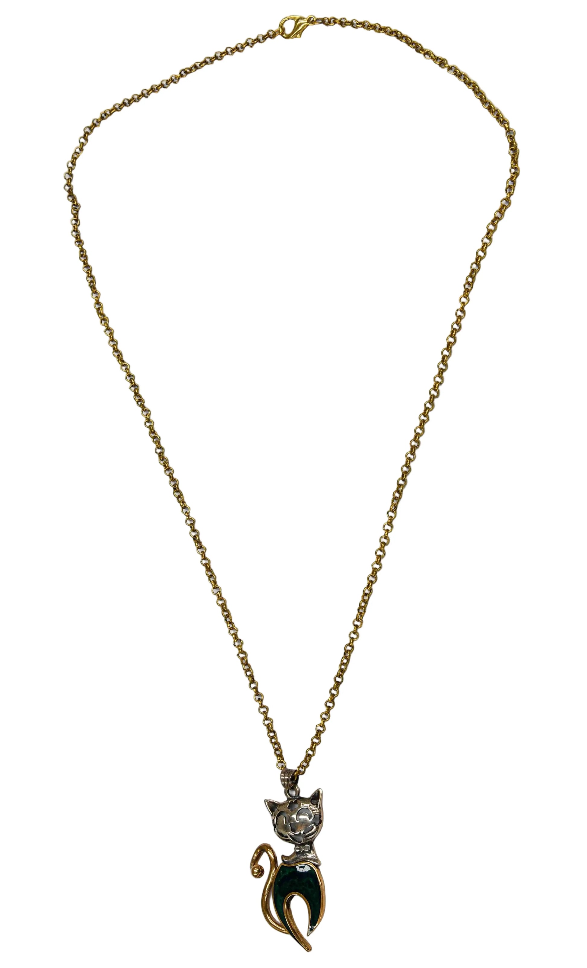 Green Sterling Silver & Brass Cat Necklace Hey Bou