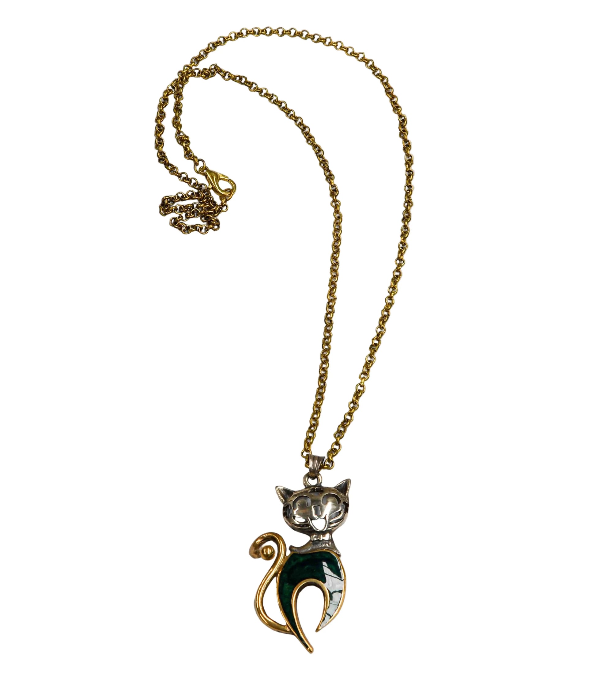 Green Sterling Silver & Brass Cat Necklace Hey Bou