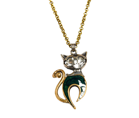 Green Sterling Silver & Brass Cat Necklace Hey Bou