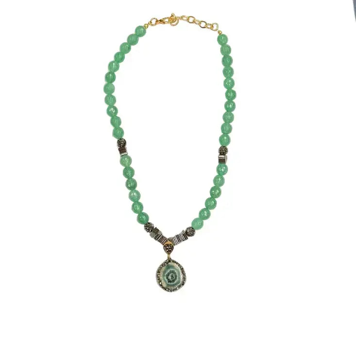 Gold Plated Natural Green Pendant & Beaded Necklace Hey Bou