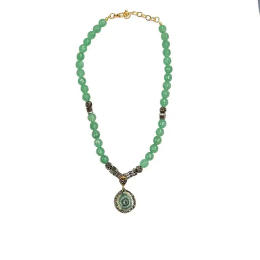 Gold Plated Natural Green Pendant & Beaded Necklace Hey Bou