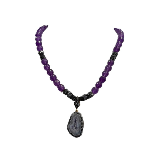 Gold Plated Natural Light Amethyst Pendant & Beaded Necklace Hey Bou